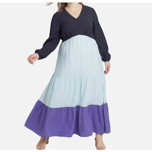 Lane Bryant Night Sky Blue Tiered Crepe Maxi Dress Colorblock Long Sleeve SZ 16
